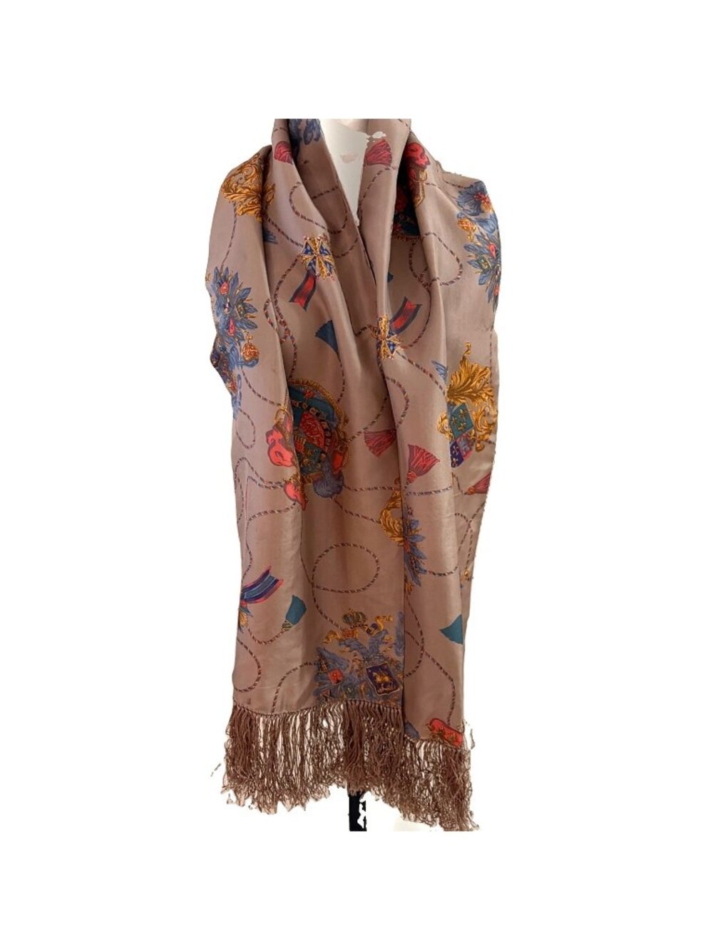 VTG Heraldic Crest Scarf 11X68" Multicolor Silk Fringe Hermes Vibes Old Money
